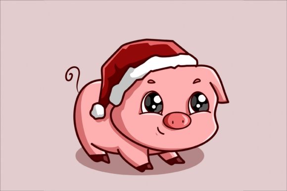 A Cute Baby Pig with Christmas Hat Illustrations