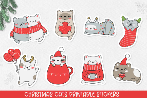 Christmas Cats Printable Stickers Illustrations