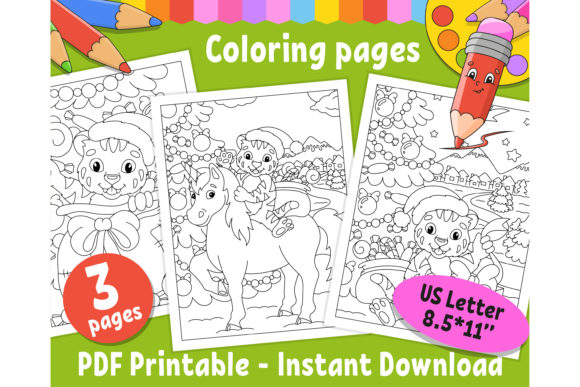 Christmas Tiger, Unicorn. Coloring Page for Illustrations
