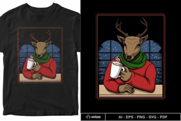 Deer Drinking Coffee Merry Christmas Illustration Review