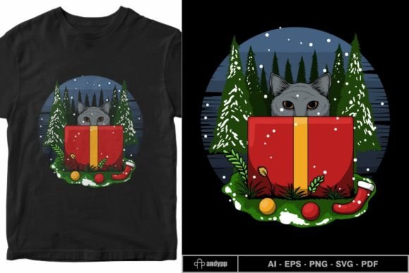 Merry Christmas Kitten Gift Box Vector Illustration