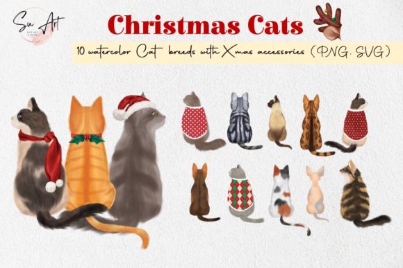 Watercolor Cat Breeds Christmas Outfits Illustrations