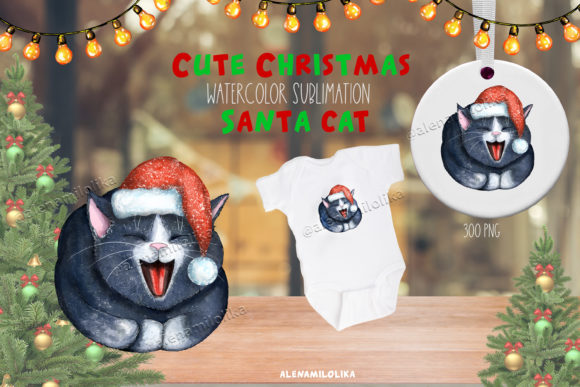 Watercolor Christmas Santa Cat PNG Kitty